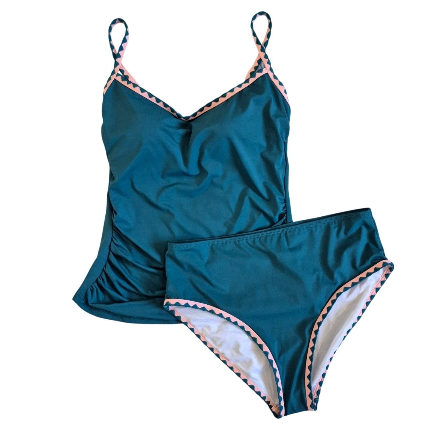 Zaful Teal Tankini Set Pink Scalloped Trim High Waisted Ruched Swimsuit Size M
